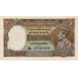 India 5 Rupees issued 1943, signed C.D. Deshmukh, portrait King George VI at right, serial L/52