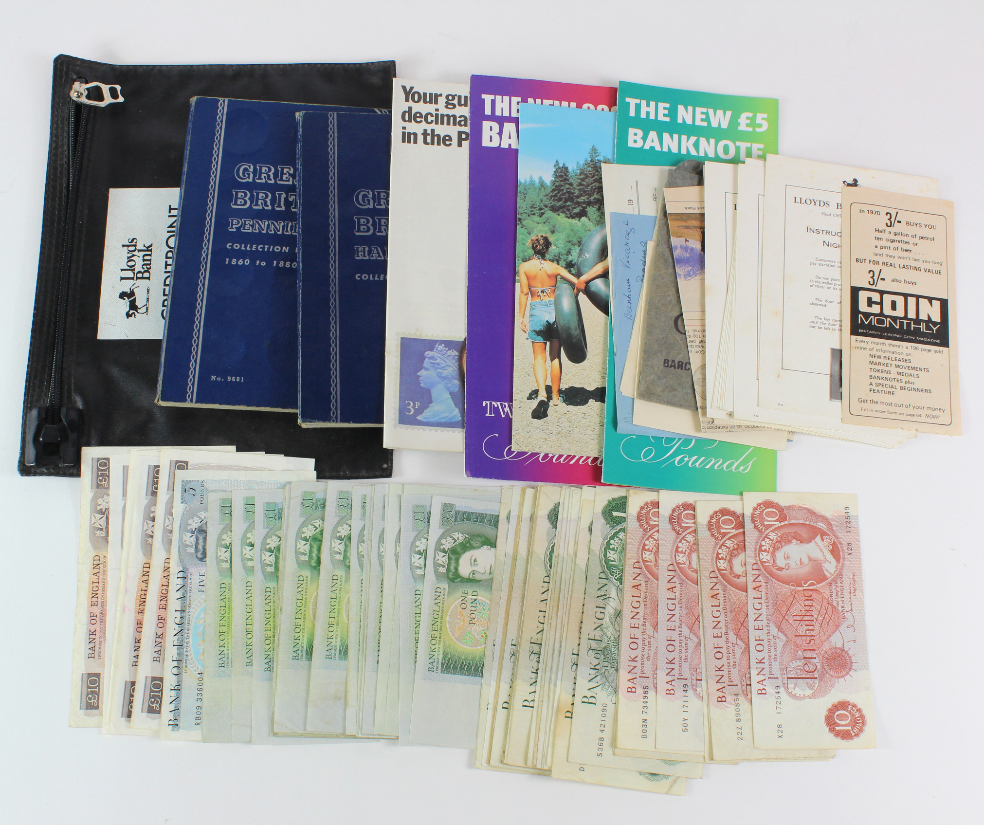 Bank of England (60) plus a pack of Banking ephemera, Gill 10 Pounds (3) series D, Somerset 10