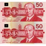 Canada 50 Dollars (2) dated 1988, almost consecutive pair serial FHL 8977455 & FHL 8977457, rarer