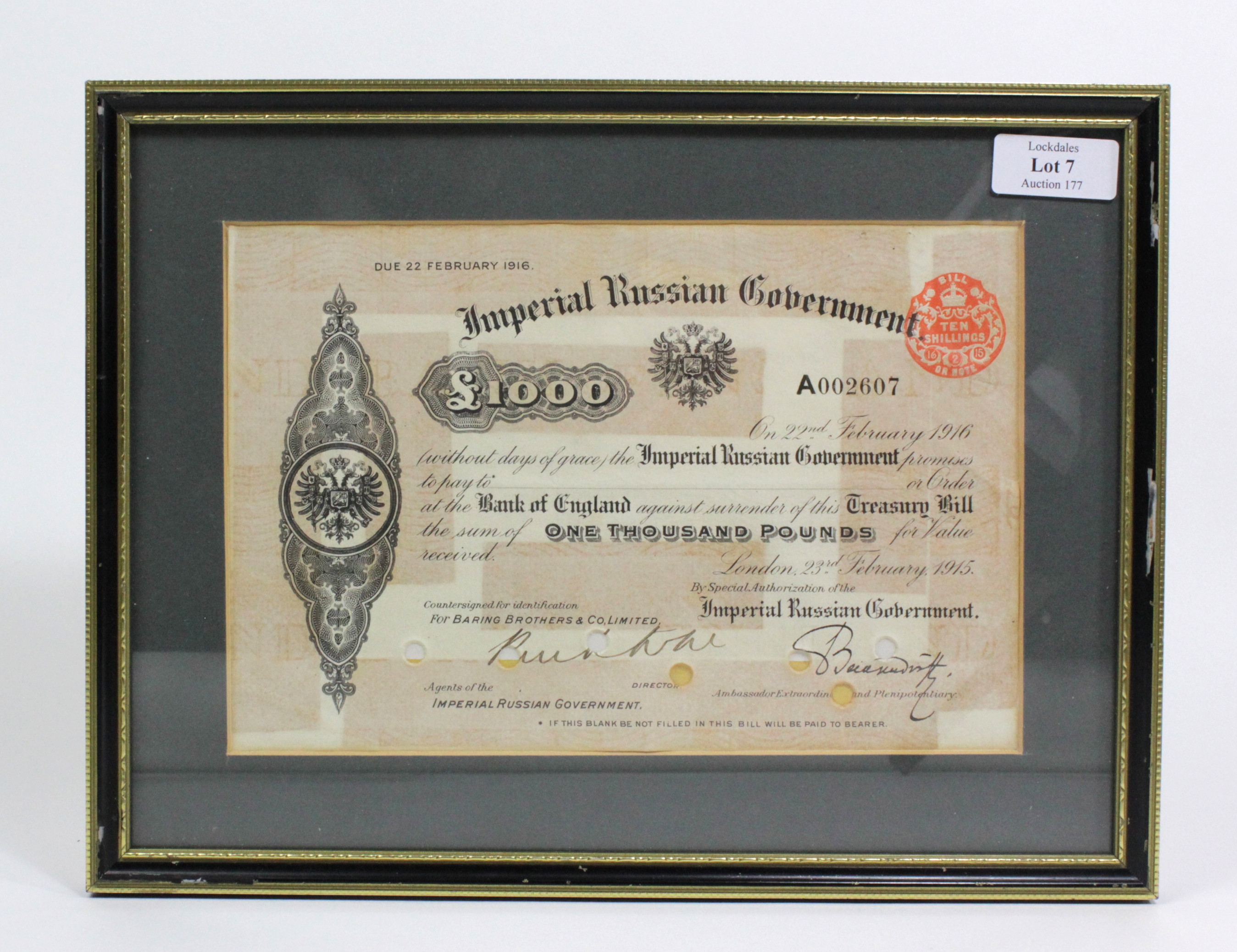 Russia, Imperial Russian Government Treasury bill for £1000 dated London 23rd February 1915 series