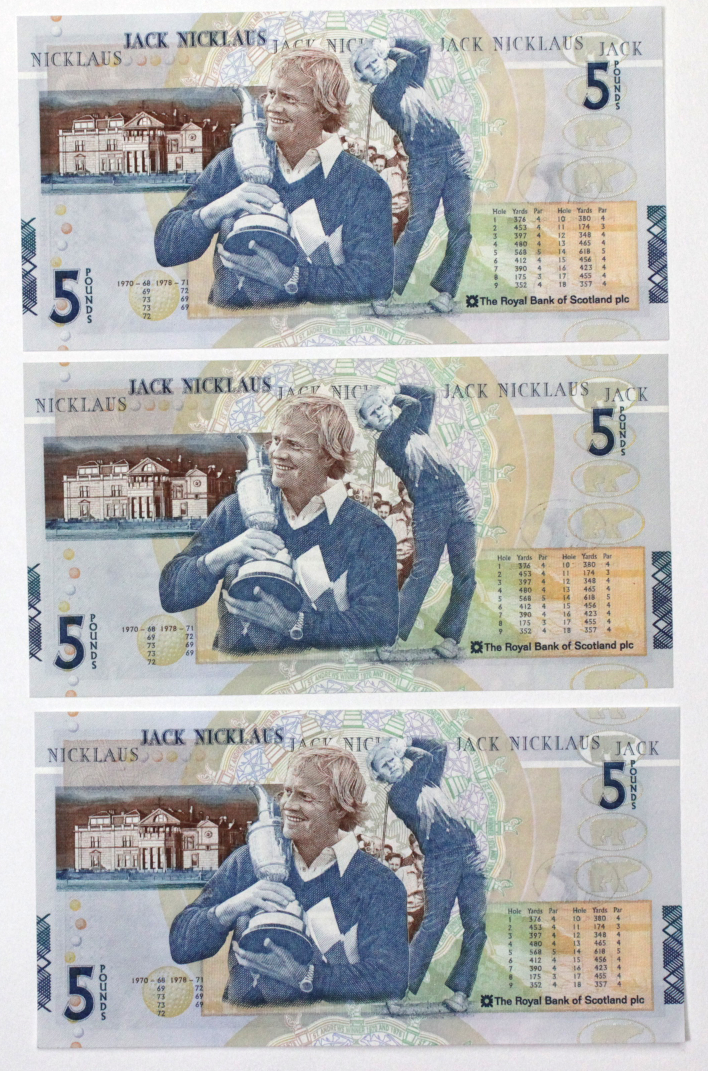 Scotland, Royal Bank of Scotland 5 Pounds (5), all Commemorative Jack Nicklaus dated 14th July - Image 3 of 3