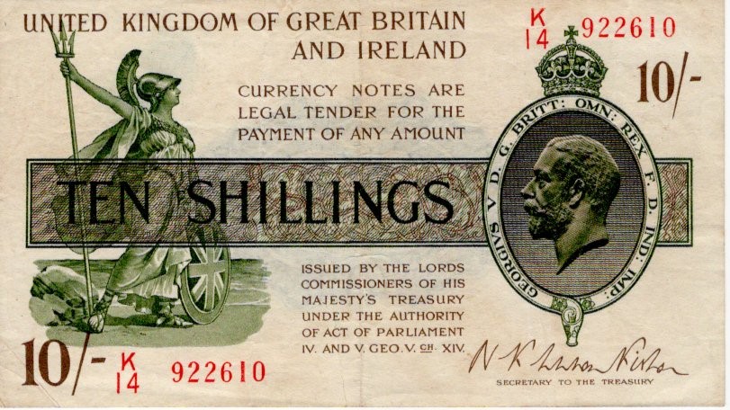 Warren Fisher 10 Shillings issued 1922, serial K/14 922610 (T30, Pick358) about VF