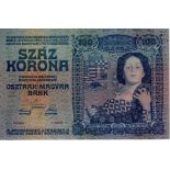 Austria 100 Korona dated 2nd January 1910, series 1022 50458, a consecutively numbered note to the