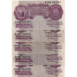 Peppiatt 10 Shillings (5) issued 1940, mauve WW2 emergency issue, (B251, Pick366) mixed grades