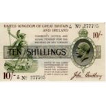 Bradbury 10 Shillings issued 1918, serial A/20 277705, No. with dot (T17, Pick350a) small brown mark