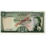 Jersey 1 Pound SPECIMEN note, issued 1963 signed Padgham, Queen Elizabeth II portrait, serial