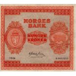 Norway 100 Kroner dated 1946, signed G. Meldahl Nielsen, serial B.0883353 (Pick28a3) VF to good VF