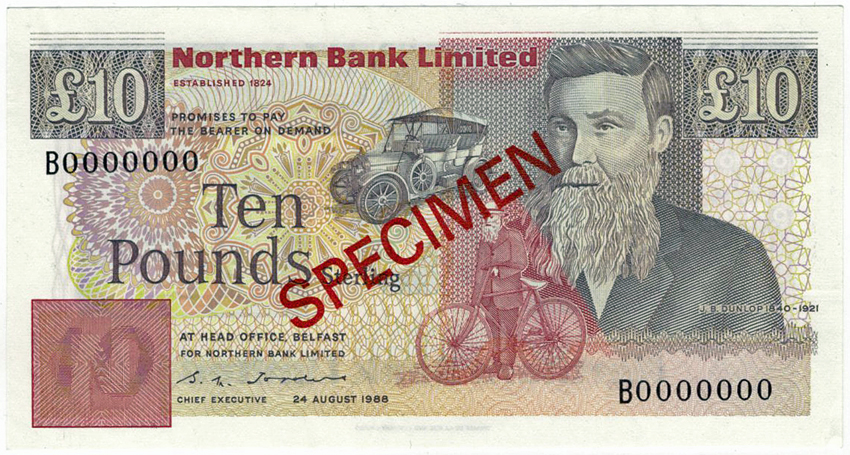 Northern Ireland Northern Bank Limited 10 Pounds P194s (24th August 1988), Specimen B0000000, UNC