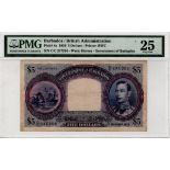 Barbados 5 Dollars dated 1st December 1939, portrait of King George VI at right, serial C/C