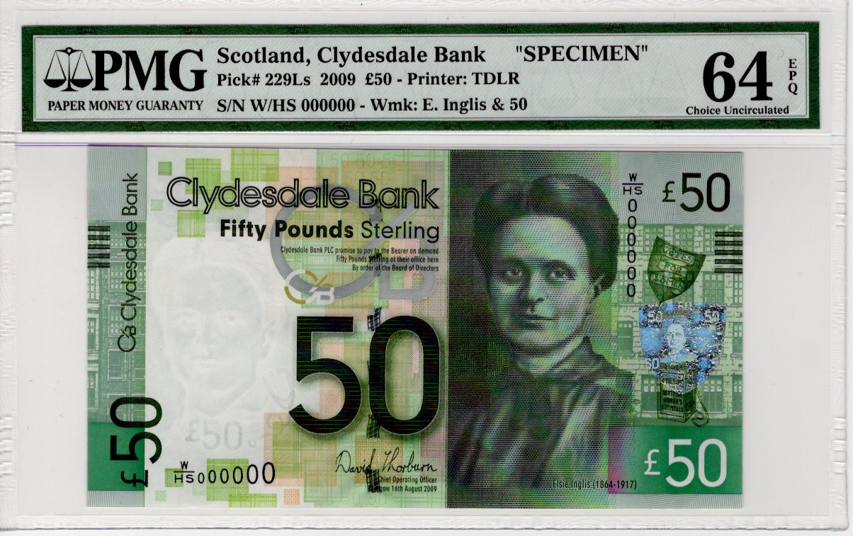Scotland, Clydesdale Bank 50 Pounds dated 16th August 2009, scarce SPECIMEN note signed David