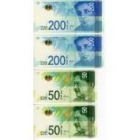 Israel (4), 200 New Shekels dated 2015 2 x consecutively numbered notes, 50 New Shekels dated 2014 2