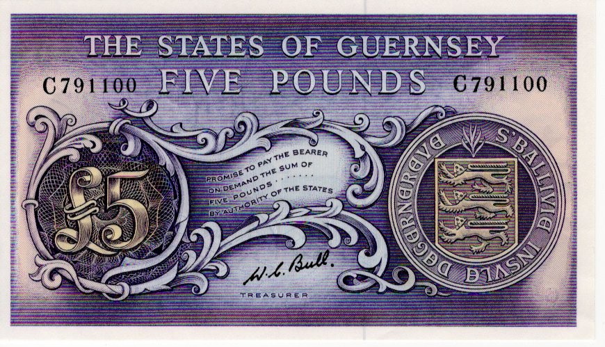 Guernsey 5 Pounds issued 1969 signed W.C. Bull serial C791100 (TBB B151c, Pick46c) Uncirculated