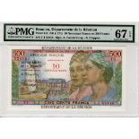 Reunion 10 Nouveaux Francs overprint on 500 Francs issued 1971 series T.1 52416 (TBB B506b, Pick54b)