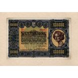 Hungary 100,000 Korona dated 1st May 1923, a very scarce SPECIMEN with zero's serial number