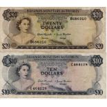 Bahamas (2), 20 Dollars serial number B686210 & 10 Dollars dated 1968 serial number C464129,