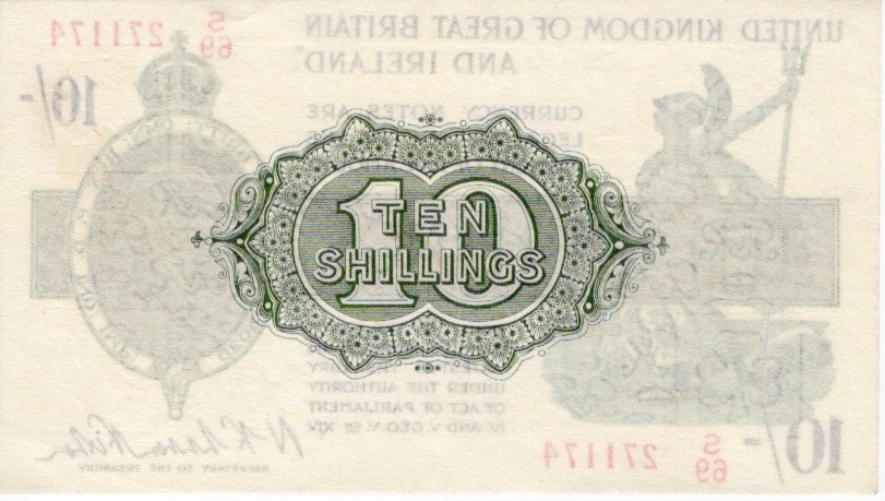 Warren Fisher 10 Shillings issued 1922, LAST SERIES serial S/69 271174 (T30, Pick358) cleaned & - Image 2 of 2