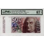 Switzerland 500 Franken dated 1992, portrait Albrecht von Haller at right, serial number