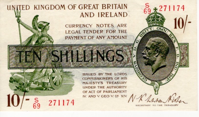 Warren Fisher 10 Shillings issued 1922, LAST SERIES serial S/69 271174 (T30, Pick358) cleaned &