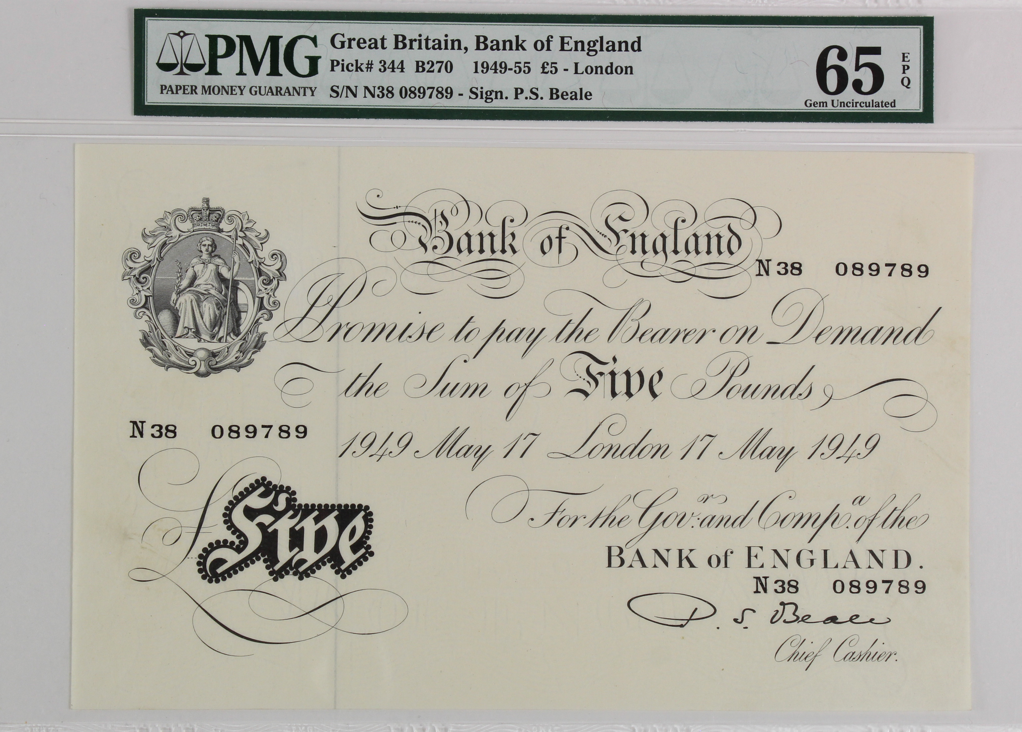 Beale 5 Pounds dated 17th May 1949, serial N38 089789, (B270, Pick344) in PMG holder graded 65 EPQ