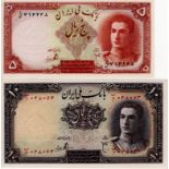 Iran (2) 5 Rials & 10 Rials not dated issued 1944, Persian serial numbers (TBB B134a & B135a, Pick39