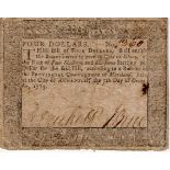 USA America Colonial Maryland 4 Dollars dated 7th December 1775, serial No. 1360, 2 tiny pinholes,