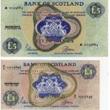 Scotland, Bank of Scotland (2), 5 Pounds dated 1st November 1968 FIRST Prefix serial A 0129884, 1