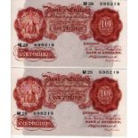 Catterns 10 Shillings (2) issued 1930, a consecutively numbered pair, serial M28 698218 & M28 698219