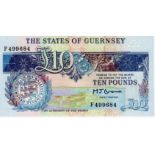 Guernsey 10 Pounds issued 1991 - 1995, signed M.J. Brown in blue ink, serial F499684 (TBB B159,