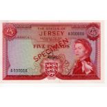 Jersey 5 Pounds SPECIMEN note, issued 1963 signed Padgham, Queen Elizabeth II portrait, serial