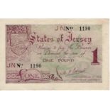 Jersey 1 Pound issued 1941 - 1942, German Occupation issue during WW2, serial number 1190 (TBB B106,