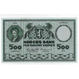 Norway 500 Kroner dated 1974, signed Wold & Odegaard, serial A. 5608357, large note (Pick34f) good