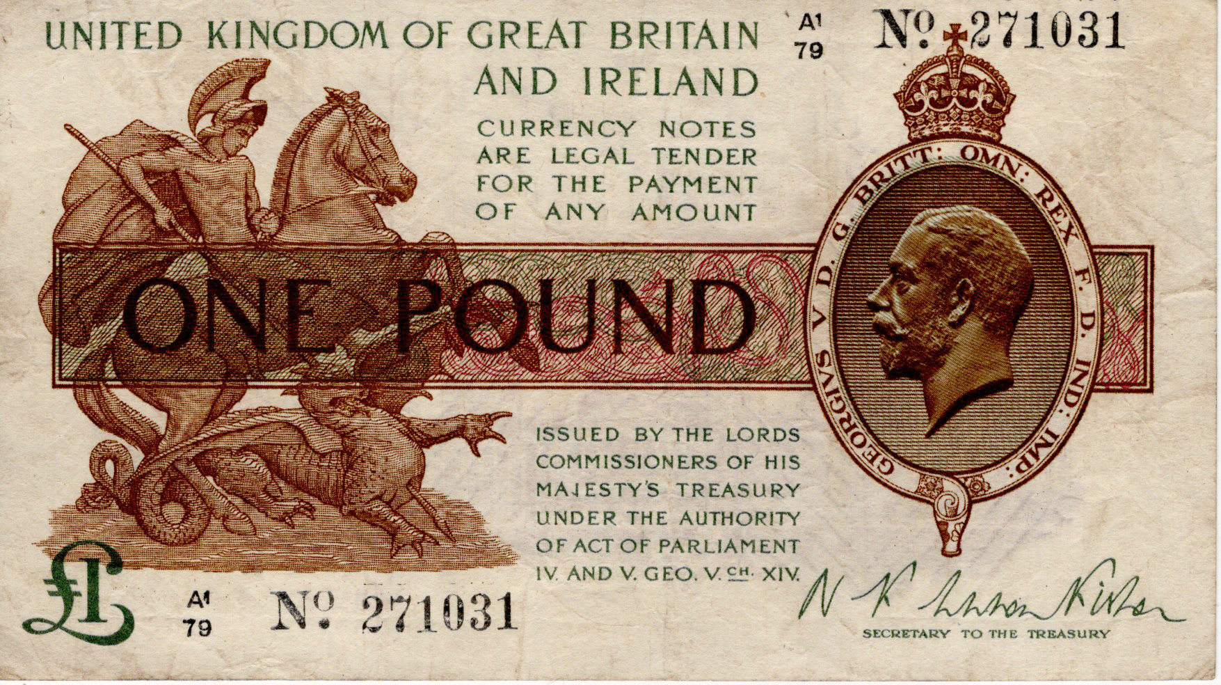 Warren Fisher 1 Pound issued 1923, a rarer FIRST SERIES note serial number A1/79 271031 (T31,