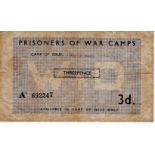 Prisoner of War camps note issued during WW2 for 3 Pence with WD (War Department) in underprint at