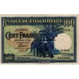 Belgian Congo 100 Francs dated 10th June 1944, serial A628081, 'duexieme emission 1944' overprint on