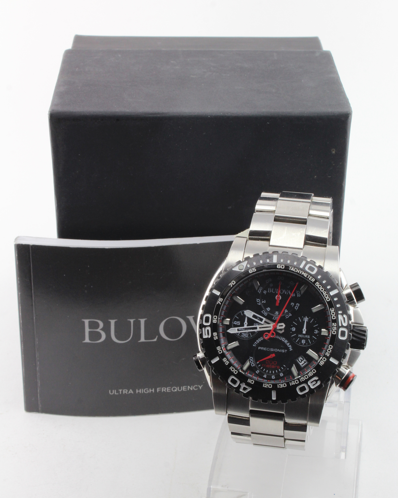 Gents Bulova precisionist 1/1000 chronograph wristwatch. The black dial with four subsidiary dials