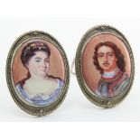 Two hand-painted portrait miniatures depicting Russian Royalty (Peter the Great & Catherine I),