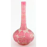 Frosted glass vase with slender neck, elaborate red floral decoration, circa 19th Century, unsigned,