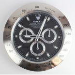 Advertising Wall Clock. Chrome 'Rolex' advertising wall clock, black dial reads 'Rolex Oyster