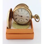 Late 19th Century gold filled full hunter pocket watch by Waltham, the white dial with black roman