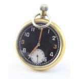 Gents military issue nickel cased open face pocket watch, the black enamel dial with Arabic