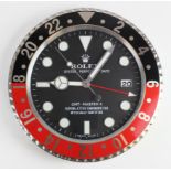 Advertising Wall Clock. Black, red & chrome 'Rolex' advertising wall clock, black dial reads '