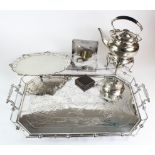 Large silver plated twin handled serving tray, decorated with a pond scene of birds and trees,