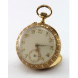 Ladies 18ct cased fob watch. The white 34mm dial with gilt arabic numerals. Not working when