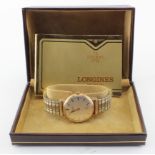 Gents 9ct cased Longines wristwatch, the cream dial with gilt baton markers and subsidiary second