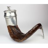 Pewter mounted ram's horn snuff mull, by Edwin Blyde, height 22cm, length 26cm approx.
