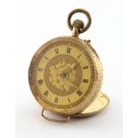 Ladies 9ct cased fob watch, the gilt dial with black roman numerals and foliage decoration. Approx
