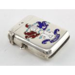 Silver and enamel vesta case, with unusual (probably pseudo) Coat of Arms, hallmarked 'JR, Sheffield