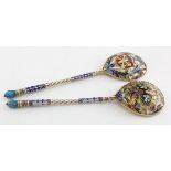 Pair of Russian silver-gilt Cloisonne enamel 84 zolotniks (.875 Fineness) spoons by C.A. (1908-1917)