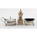 Silver composite cruet set, comprising of salt with blue liner, pepper and mustard pot, mixed