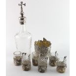 Very attractive ornate silver & glass liqueur set comprising a decanter and six shot glasses, all